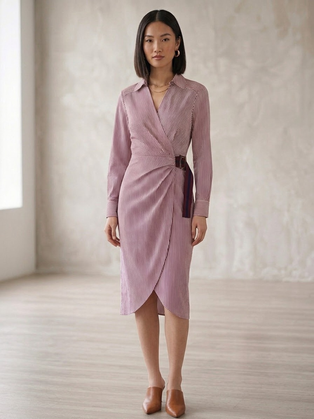 Veronica Beard Burgundy Stripe Side-Buckle Ruched Wrap Midi Shirt Dress Size 12